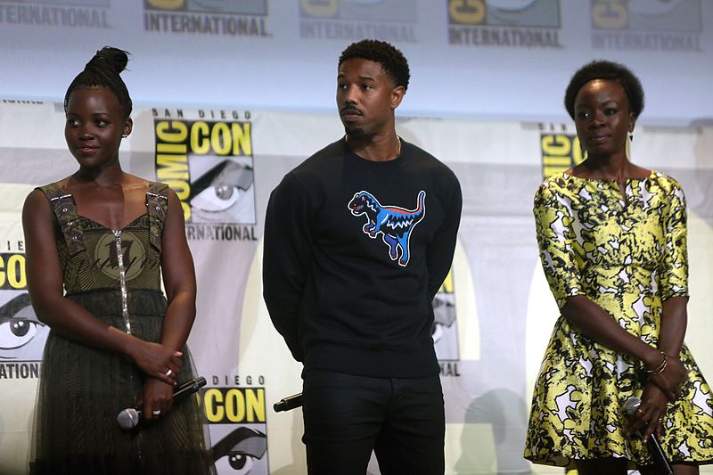 Lupita Nyong'o, Michael B. Jordan and Danai Gurira speaking at the 2016 San Diego Comic Con International, for "Black Panther", at the San Diego Convention Center in San Diego, California