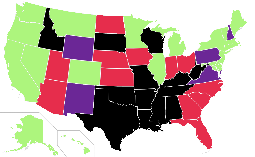 US map depicting status of abortion legality and access as of Feb 2023