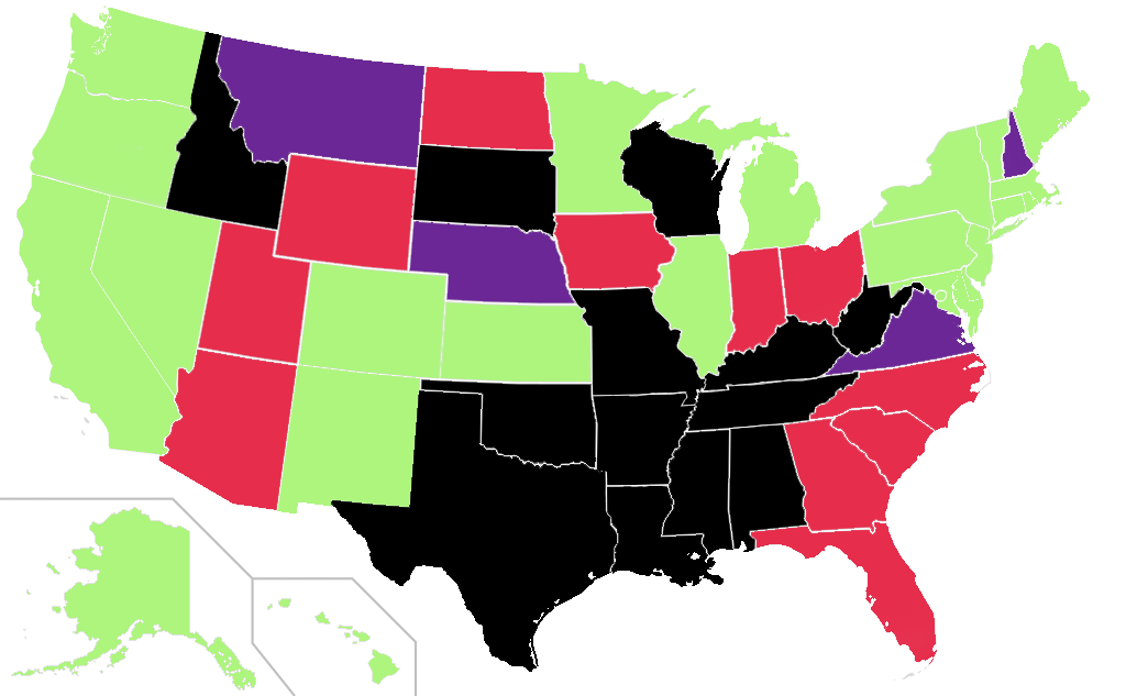 US map depicting status of abortion legality and access as of Feb 2023