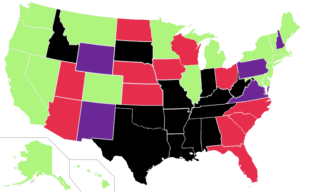 US map depicting status of abortion legality and access as of September 2023.